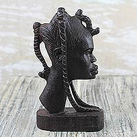 Ebony wood sculpture, 'Head of a Girl' - Signed Ebony Wood Sculpture of a Girl from Ghana