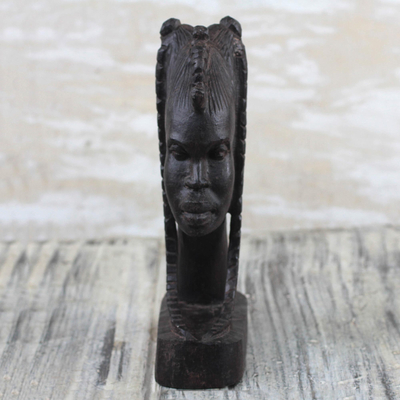 Ebony wood sculpture, 'Head of a Girl' - Signed Ebony Wood Sculpture of a Girl from Ghana