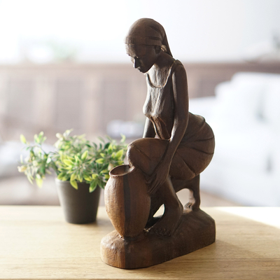 Ebony wood sculpture, 'Collecting Water' - Signed Ebony Wood Sculpture of a Woman Collecting Water