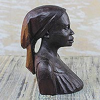 Ebony wood sculpture, 'Bust of a Native Woman II' - Signed Ebony Wood Sculpture of a Woman from Ghana