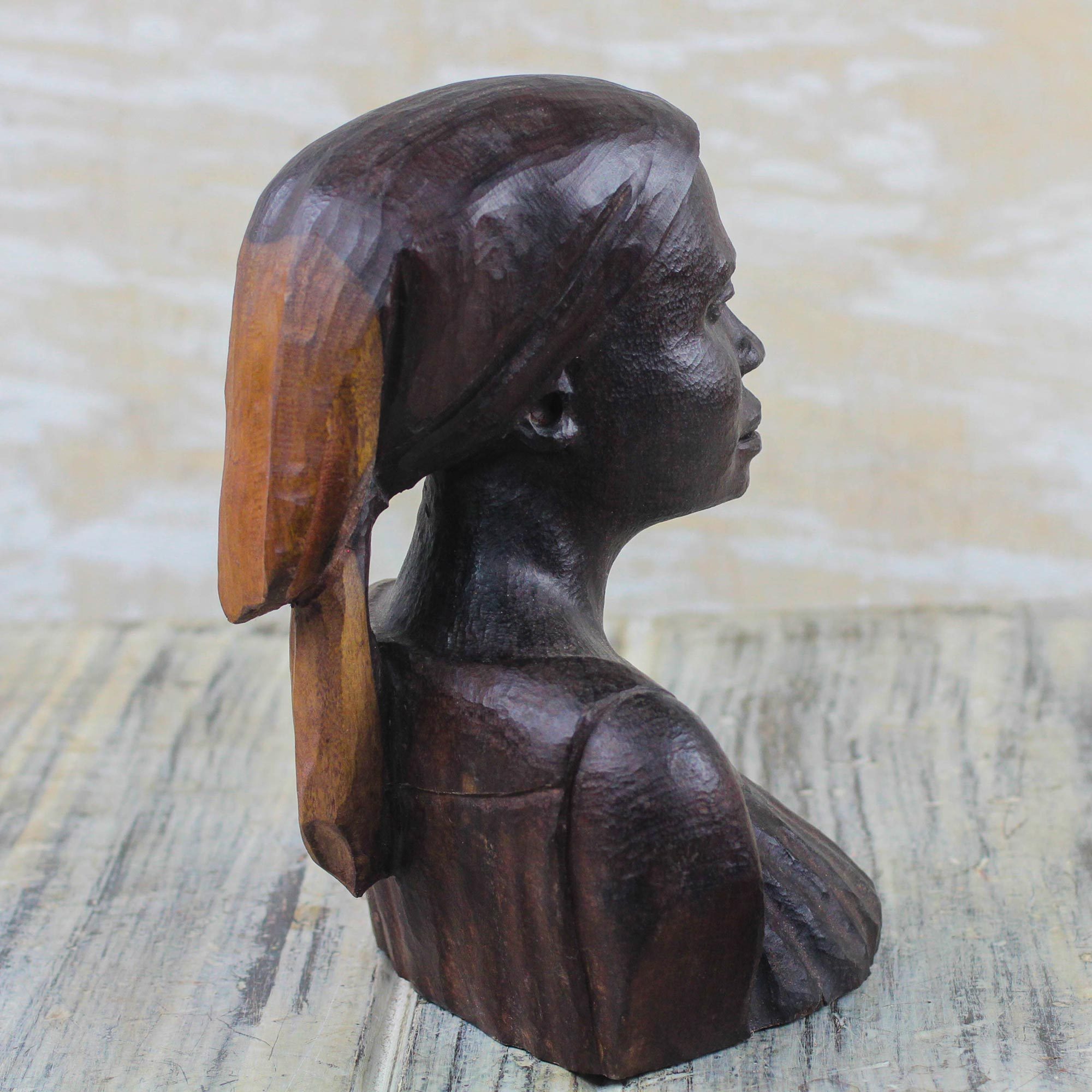 Signed Ebony Wood Sculpture of a Woman from Ghana Bust of a Native