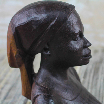 Ebony wood sculpture, 'Bust of a Native Woman II' - Signed Ebony Wood Sculpture of a Woman from Ghana