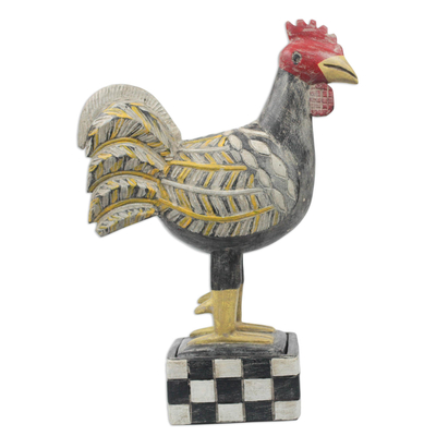 Wood decorative box, 'Watchful Rooster' - Multi-Color Wood Decorative Box with Rooster Sculpture Lid