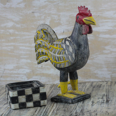 Caja decorativa de madera - Caja decorativa de madera multicolor con tapa de escultura de gallo