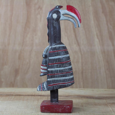 Escultura de madera - Escultura de madera de pájaro bebé y madre en blanco roto rojo negro