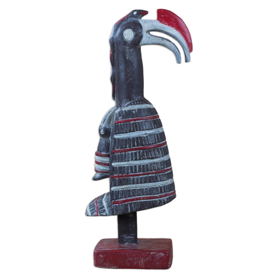 Wood sculpture, 'Bird at Rest' - Red Black Off-White Mother and Baby Bird Wood Sculpture
