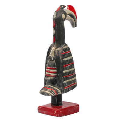 Wood sculpture, 'Bird at Rest' - Red Black Off-White Mother and Baby Bird Wood Sculpture