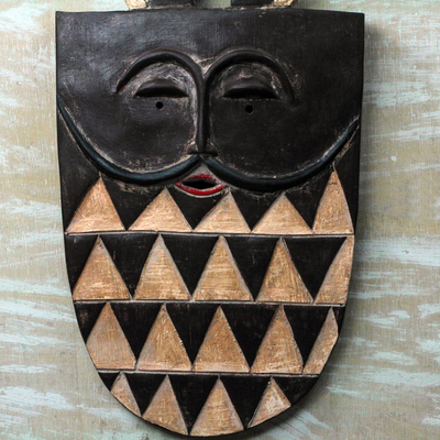 African wood mask, 'Dynamic Cheer' - Brown Cream and Red Accent African Wood Decorative Wall Mask