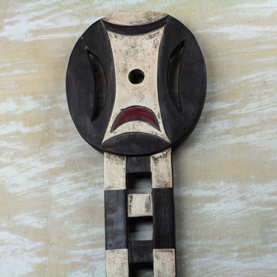 African wood mask, 'Dynamic Power' - Black and Off-White African Wood Decorative Wall Mask
