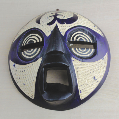 African wood mask, 'Blue Gye Nyame' - Adinkra Gye Nyame African Sese Wood Mask from Ghana