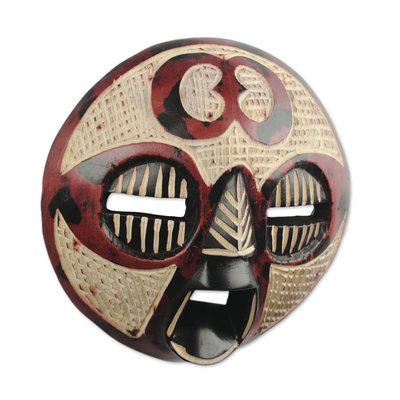 African wood mask, 'Adinkra Hope' - Adinkra-Themed African Wood Mask in Red from Ghana