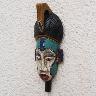 African wood mask, 'Benevolent Emiyi' - Handmade African Wood Mask in Blue from Ghana