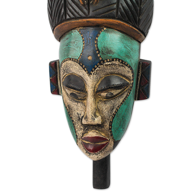African wood mask, 'Benevolent Emiyi' - Handmade African Wood Mask in Blue from Ghana