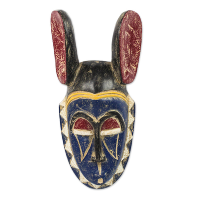 African wood mask, 'Bolatito' - Blue and Red Sese Wood African Mask from Ghana