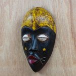 African wood mask, 'Adaoma Woman' - Hand-Carved Black and Yellow African Wood Mask from Ghana