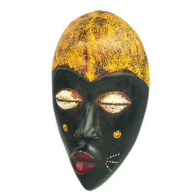 African wood mask, 'Adaoma Woman' - Hand-Carved Black and Yellow African Wood Mask from Ghana