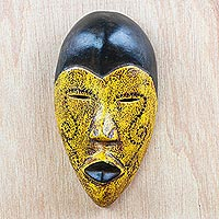 African wood mask, 'Grateful Nomsa' - Yellow and Black Wood African Mask from Ghana