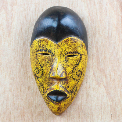 African wood mask, 'Grateful Nomsa' - Yellow and Black Wood African Mask from Ghana