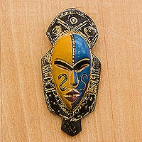 African wood mask, 'Dual Thandi' - Blue and Orange Wood African Mask from Ghana