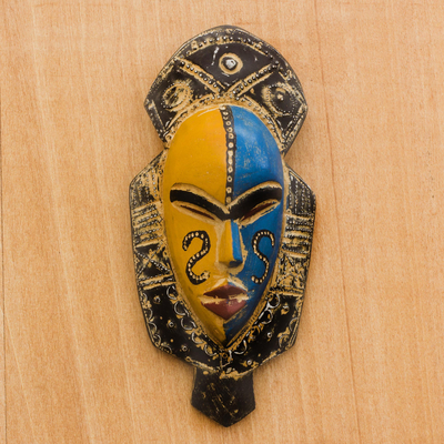 African wood mask, 'Dual Thandi' - Blue and Orange Wood African Mask from Ghana