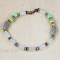 Recycled glass and plastic beaded necklace, 'Dreamy Woman' - Recycled Glass Plastic and Cotton Necklace from Ghana