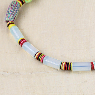 Recycled glass and plastic beaded necklace, 'Dreamy Woman' - Recycled Glass Plastic and Cotton Necklace from Ghana