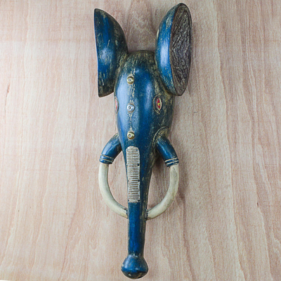 African wood mask, 'Royal Blue Elephant' - Blue African Sese Wood Elephant Mask from Ghana