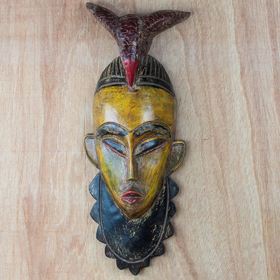 African wood mask, 'Friendly Paa Nii' - Bird-Themed African Sese Wood Mask in Yellow from Ghana