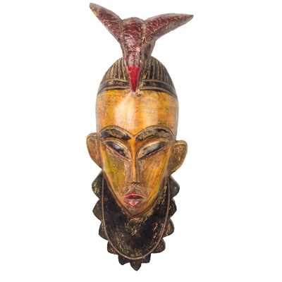 Bird-Themed African Sese Wood Mask in Yellow from Ghana