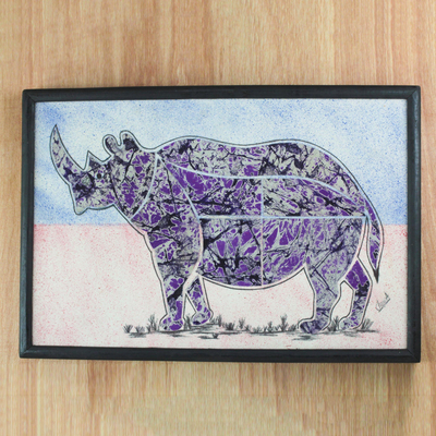 Cotton batik wall art, 'Rhino at Dusk' - Purple Batik Look Fabric Collage Rhino Wall Art