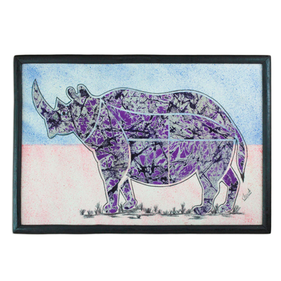 Batik-Wandkunst aus Baumwolle - Lila Batik-Look-Stoff-Collage-Nashorn-Wandkunst