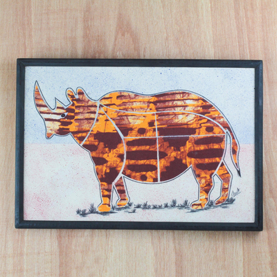 Batik cotton wall art, 'Golden Rhino' - Golden Brown Batik Fabric Collage Rhino Wall Art