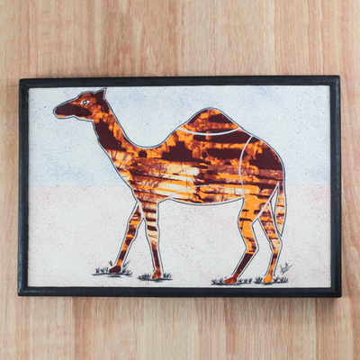Batik cotton wall art, 'Desert Sun Camel' - Golden Brown Batik Fabric Collage Camel Wall Art