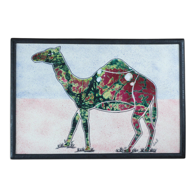 Batik cotton wall art, 'Camel Trek' - Multi-Color Batik Fabric Collage Camel Wall Art