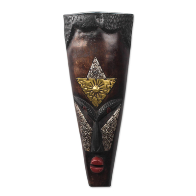 African wood mask, 'Flat Top' - Tall African Sese Wood Mask in Brown from Ghana