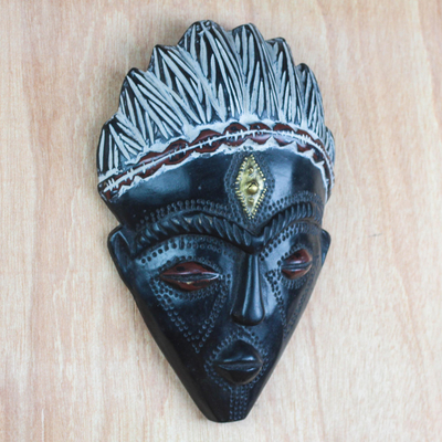 Máscara de madera africana, 'Na Gode' - Máscara de madera africana Sese hecha a mano en negro de Ghana