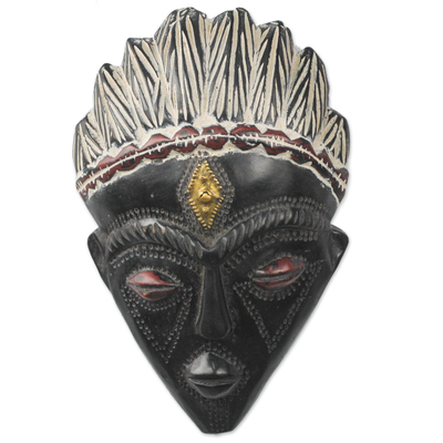 African wood mask, 'Na Gode' - Handcrafted African Sese Wood Mask in Black from Ghana