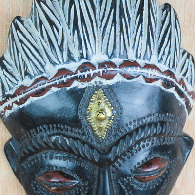 African wood mask, 'Na Gode' - Handcrafted African Sese Wood Mask in Black from Ghana