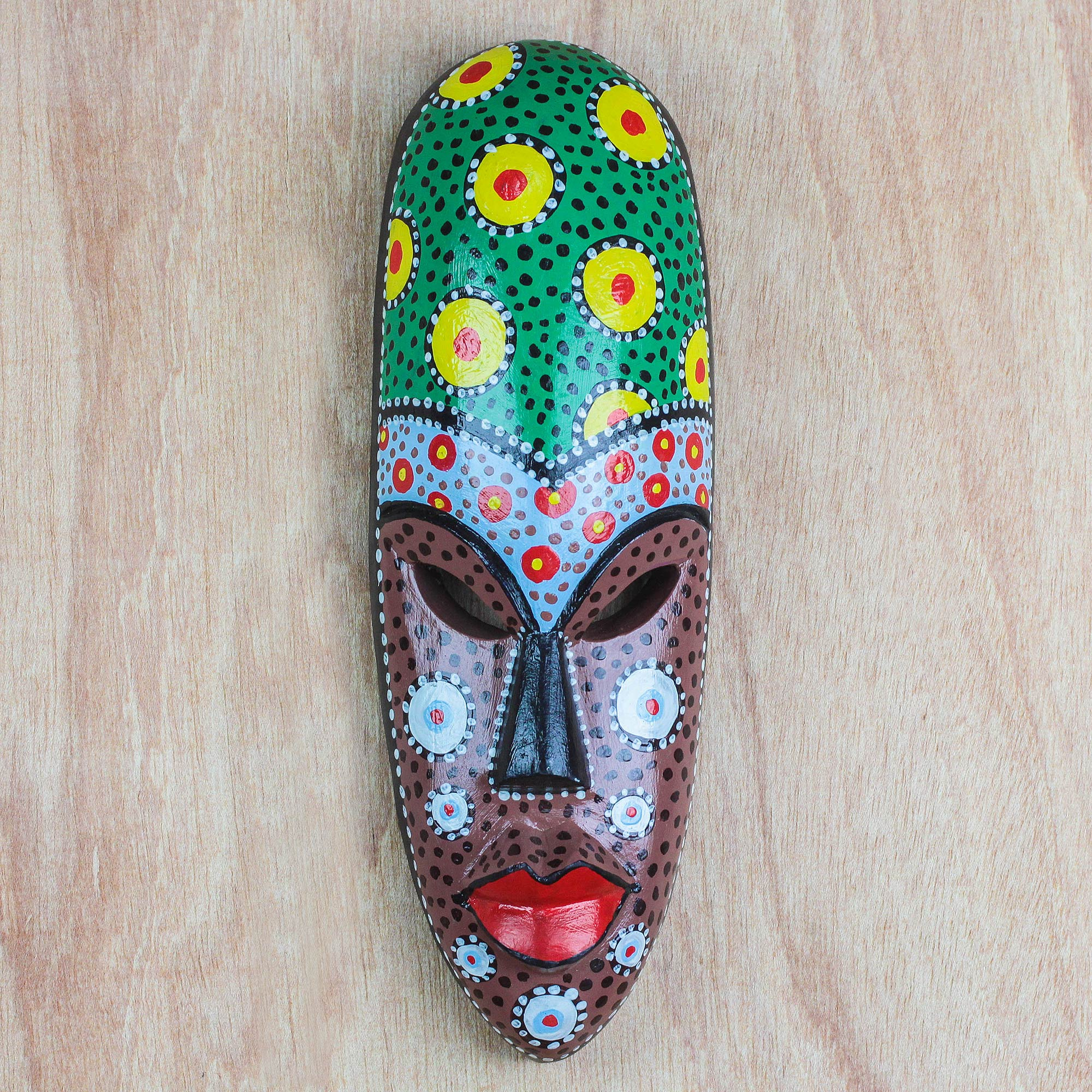 African Wooden Mask Fish Painting Dots Tribal Hand Carved Wall Art Hanging 8 in