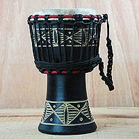 Tambor djembe de madera, 'Musical Dondo' - Tambor Djembe de madera con motivos Dondo de Ghana