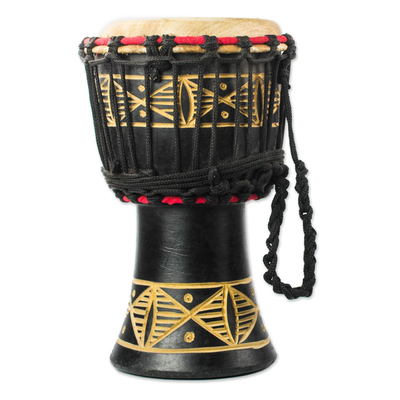 Wood djembe drum, 'Musical Dondo' - Wood Djembe Drum with Dondo Motifs from Ghana