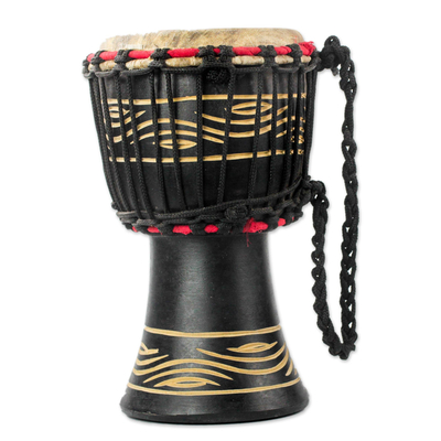 Wood djembe drum, 'Musical Eyes' - Wood Djembe Drum with Eye Motifs from Ghana