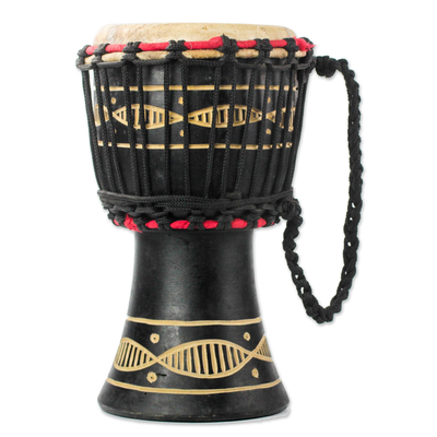 Wood Mini Djembe Drum with Wave Motifs from Ghana
