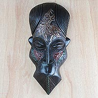 African wood mask, 'Bald Head' - Dark African Sese Wood Mask of a Bald Man from Ghana
