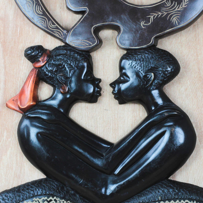 Wood relief panel, 'Gye Nyame Love' - Cultural Romantic Sese Wood Relief Panel from Ghana