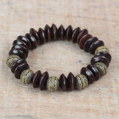 Wood and recycled plastic beaded stretch bracelet, 'Remembering Passion' - Brown Wood and Recycled Plastic Bracelet from Ghana