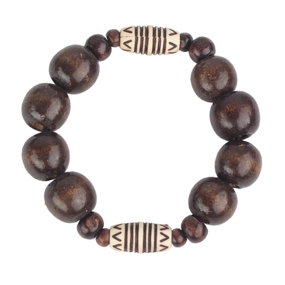 Wood and recycled plastic beaded stretch bracelet, 'Exornam' - Sese Wood and Plastic Beaded Stretch Bracelet from Ghana