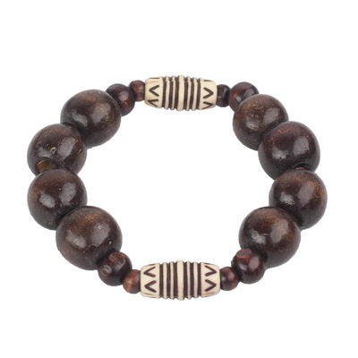 Wood and recycled plastic beaded stretch bracelet, 'Exornam' - Sese Wood and Plastic Beaded Stretch Bracelet from Ghana