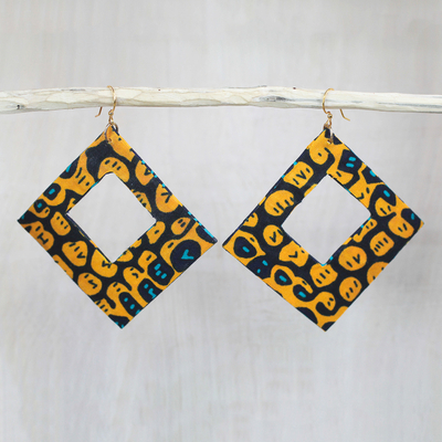 Cotton dangle earrings, 'Orange Aseda' - Square Cotton Dangle Earrings in Orange from Ghana