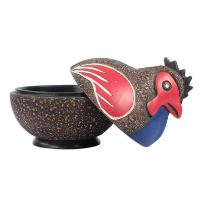 Wood decorative jar, 'Rooster Keeper' - Rooster Sese Wood Decorative Jar from Ghana